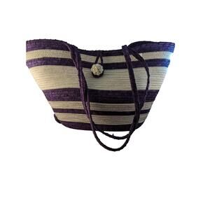 Tote Basket Bag Handmade Purple +White Cord+Fabric Wrapped Cord 18x8x4"